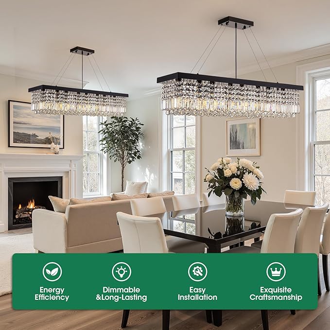 Black Modern Crystal Chandeliers for Dining Room Kitchen Island Light Fixture, 8-Light Rectangle Chandelier for Living Room, L39.4 Inch