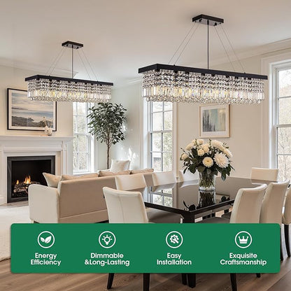 Black Modern Crystal Chandeliers for Dining Room Kitchen Island Light Fixture, 8-Light Rectangle Chandelier for Living Room, L39.4 Inch