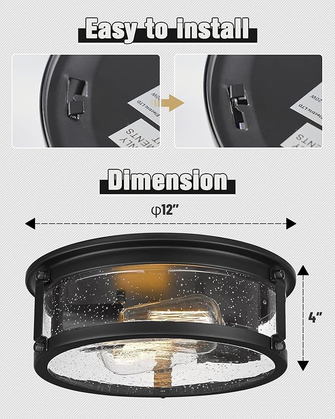 2-Light Flush Mount Light Fixtures，12inch Vintage Industrial Light Fixtures Ceiling Mount with Metal Cage for for Hallway Corridor Kitchen Bathroom Bedroom Passway - Black 2PK