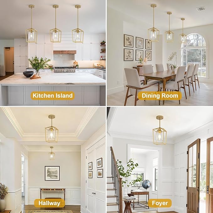 3 Pack Gold Pendant Lights, Modern Farmhouse Kitchen Pendant Lighting Over Island, Metal Cage Hanging Lights with Clear Glass Shade for Kitchen Island, Dining Room, Entryway, Hallway
