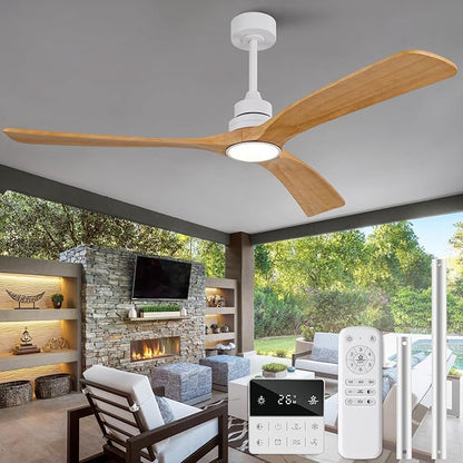 Ceiling Fan with Light 60 inch,Remote Control,Wall Switch,Solid Wood Blades,Dimmable,Reversible Quiet DC Motor,Power Off Memory Modern White Ceiling Fan for Bedroom Patio Indoor/Outdoor Use