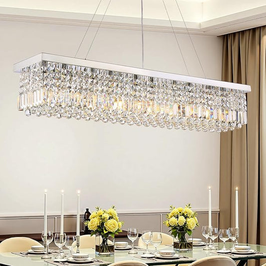 Modern Crystal Chandeliers for Dining Room Light Fixture, 10-Light Rectangle Chandelier for Kitchen Island Living Room, L47.2 Inch, Chrome Finish