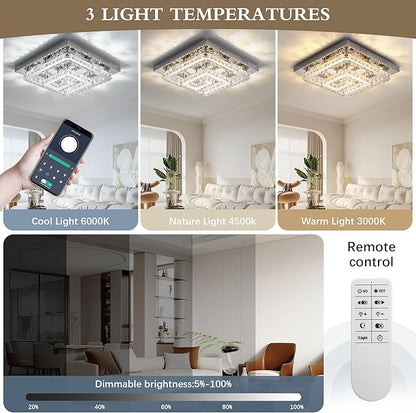 25" Crystal Chandelier with Remote/App Control, 3 Color Temperature Light Fixture & Brightness Adjustable, Modern Flush Mount LED Ceiling Light Fixture for Living Room Kitchen Hallway Dining Room