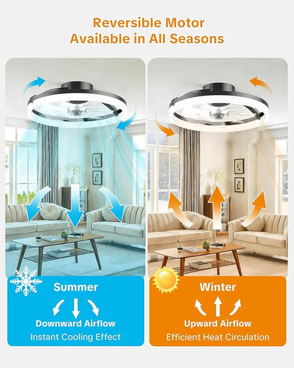 Ceiling Fans with Lights and Remote Low Profile Flush Mount LED Ceiling Fan with Lights 3000K-6500K Dimmable Foldable Fandelier Light 6 Wind Speeds Night Light for Bedroom Living Room Black