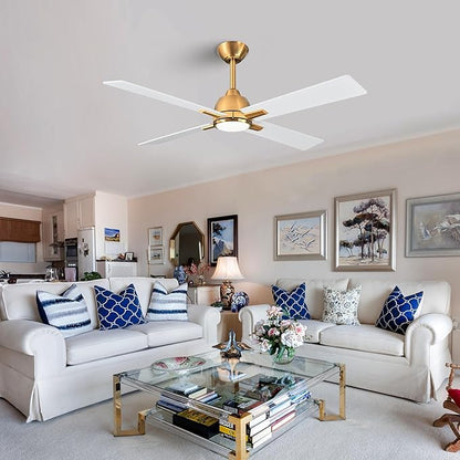 48 Inch White Gold Ceiling Fan with Light and Remote, Quiet Reversible DC Motor, 6-Speed Modern Ceiling Fan for Bedroom, Living Room, Dining Room, Small Spaces, LED Dual Color Lighting, ETL Certified
