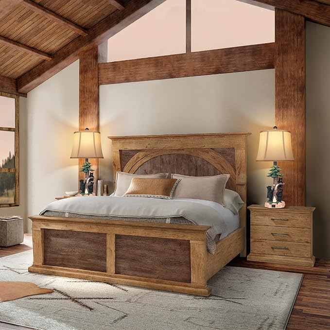 Hamucd Rustic Farmhouse Climbing Bear Table Lamps Set of 2 for Living Room with USB A+C,Bedroom Accent Tree Nightstand Lamps for Western Country Wood Cottage Christmas Decor(2 Bulbs Included)