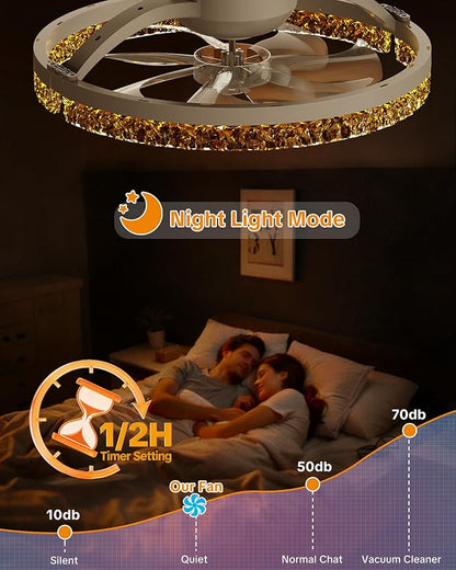 Ceiling Fans with Lights and Remote Low Profile Flush Mount LED Ceiling Fan with Lights 3000K-6500K Dimmable Foldable Fandelier Light 6 Wind Speeds Night Light for Bedroom Living Room White