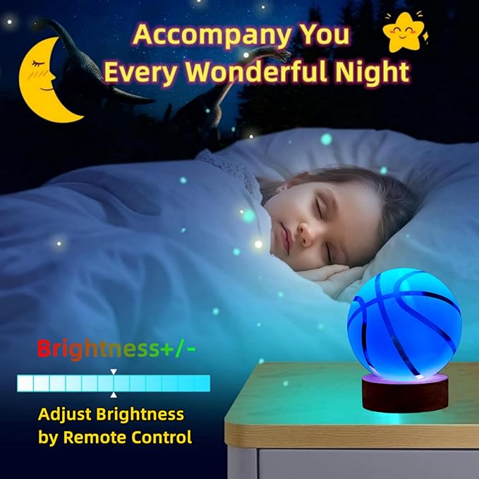 Basketball Crystal Ball Lamp,3.15 inch 3D K9 Crystal Ball Night Light with Wooden Base,Basketball Lamp Light, Gifts for Boys,16 Colors Change with Remote Control (K)
