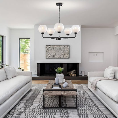 5 Light Globe Chandelier, Mid Century Modern Chandeliers for Dining Room, 28.35" Large Vintage Milk White Glass Pendant Light,Hanging Sputnik Ceiling Light Fixture for Bedroom Living Room Kitchen, E26