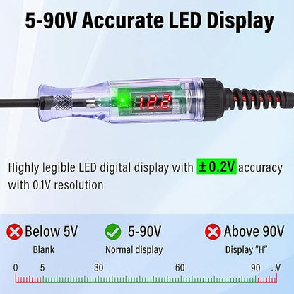 Test Light Automotive, 5-90V DC Test Light with Voltmeter, Bidirectional Car Fuse Tester with Voltage Display, Digital LED Circuit Tester with Extended Spring Wire & Probe for Car/RV/Vehicles
