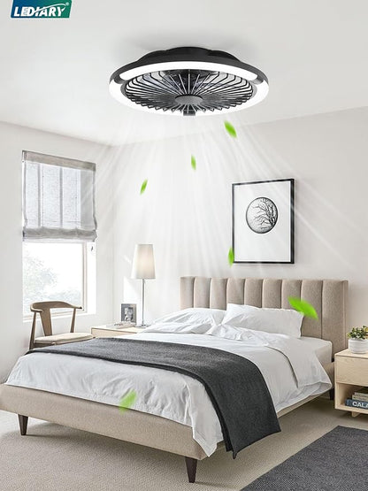 LEDIARY 20" Bladeless Ceiling Fan with Light,Low Profile LED Ceiling Fans with Remote & Smart APP Control,Modern Enclosed Flush Mount Fandelier with Timming,6 Speed,3000-6000K,Bedroom,Kids Room-Black