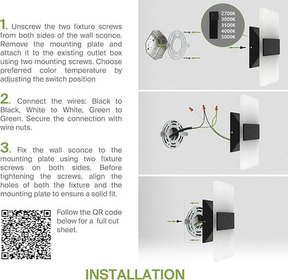 ASD 8 Inch Indoor LED Wall Sconce - 10W 2700K-5000K Dimmable Black Wall Sconce Lights for Living Room, Bedroom, Bathroom, Hallway - Modern Wall Sconces Hardwired, ETL Interior Light