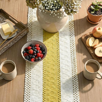 Artoid Mode Yellow Farmhouse Rustic Table Runner, Seasonal Holiday Hollow Kitchen Dining Table Decoration for Home Party Decor 12x36 Inch