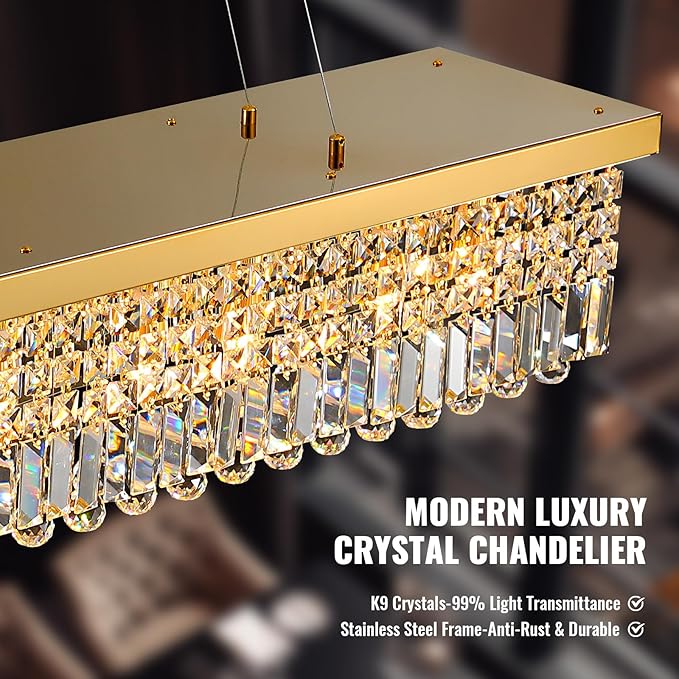 Modern Crystal Chandelier for Dining Room,10-Light K9 Rectangle Farmhouse Chandeliers,Gold Chandeliers,Pendant Light Kitchen Island Bar Bedroom Party Wedding Hotel
