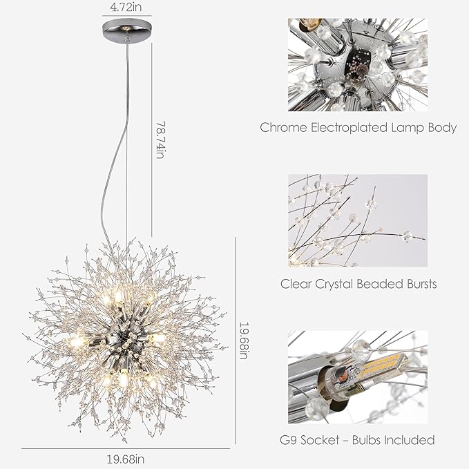 Small Dandelion Chandelier, 9 Lights Modern Firework Crystal Chandelier, Chrome Sputnik Pendant Light Fixture for Kitchen Island Dining Room Bedroom