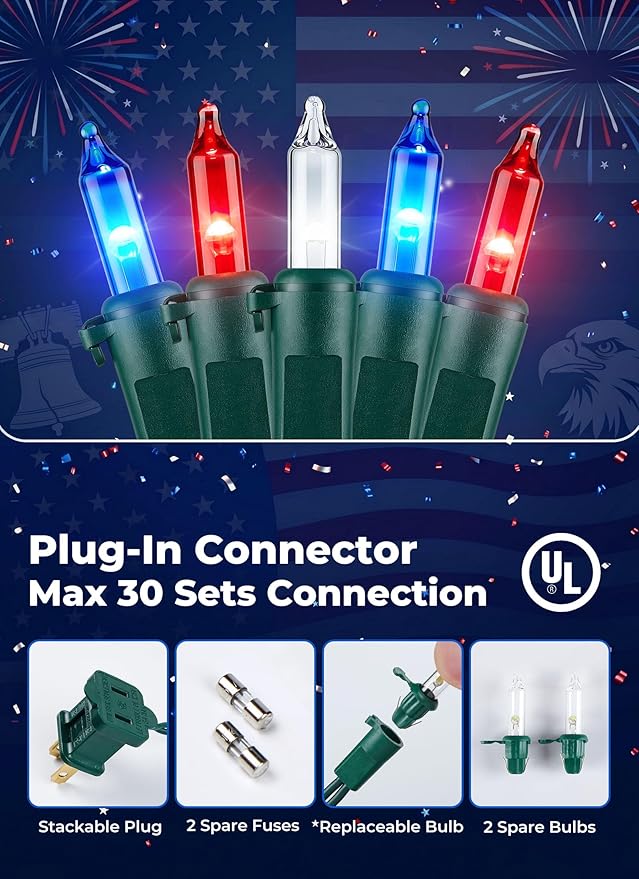Minetom Red White Blue LED Christmas String Lights, 100 Count 20 Feet 4th July Decoration, Independence Day Decoration, Patriotic Mini Lights Waterproof for Indoor Outdoor Xmas Holiday Party Patio