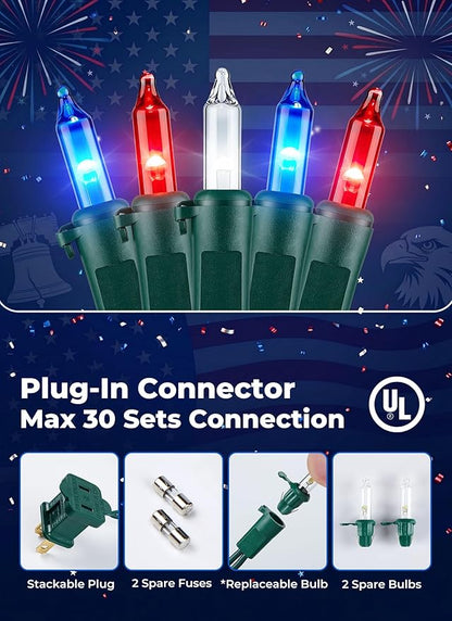 Minetom Red White Blue LED Christmas String Lights, 100 Count 20 Feet 4th July Decoration, Independence Day Decoration, Patriotic Mini Lights Waterproof for Indoor Outdoor Xmas Holiday Party Patio
