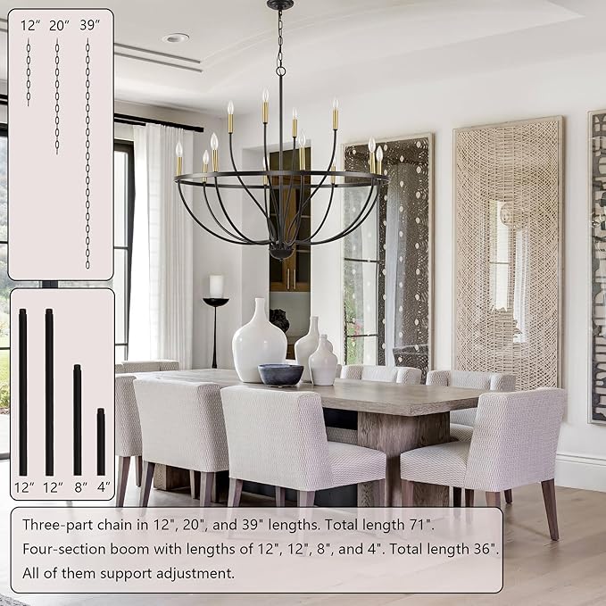 Modern Farmhouse Chandelier for Dining Room 12 Lights,32in Industrial Black and Gold Lighting Fixture, Candle Pendant Light for Kitchen Island High Ceilings Living Room Hallway Entryway Foyer