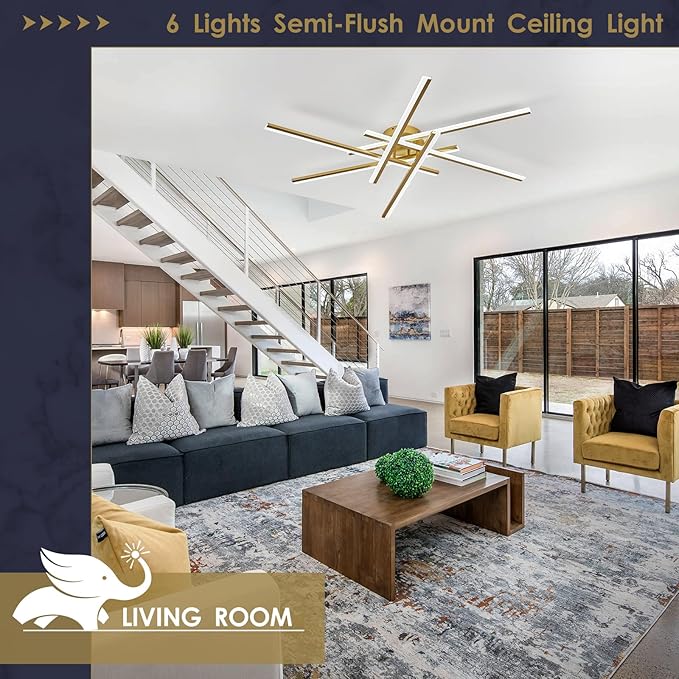 Gold Semi-Flush Mount Ceiling Light Modern 6-Lights LED Chandelier 44'' Remote Control Ceiling Lighting Fixtures for Living Room Bedroom Kitchen Foyer