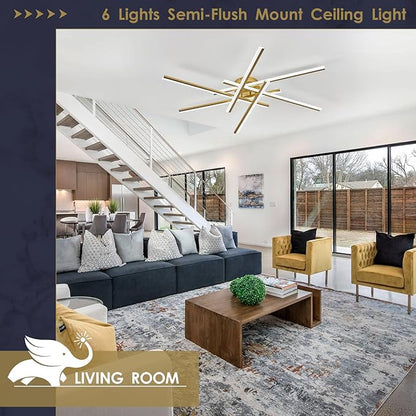 Gold Semi-Flush Mount Ceiling Light Modern 6-Lights LED Chandelier 44'' Remote Control Ceiling Lighting Fixtures for Living Room Bedroom Kitchen Foyer