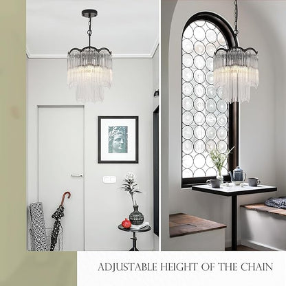 12.52" Black Clear Glass Crystal Pendant Light 5-Light Modern Crystal Pendant Ceiling Light Fixture 2-Tier Luxury Glass Chandeliers,for Dining Room Kitchen Island Living Room Bedroom