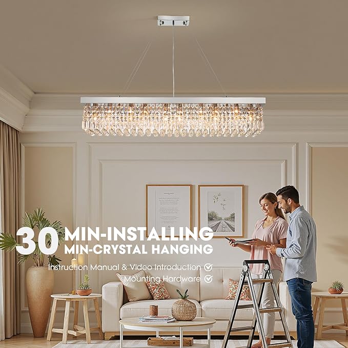 Modern Crystal Chandeliers for Dining Room Light Fixture, 10-Light Rectangle Chandelier for Kitchen Island Living Room, L47.2 Inch, Chrome Finish