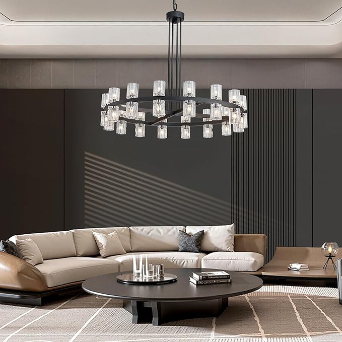 36" Black Wagon Wheel Crystal Chandelier for Dining Room Over Table, Modern Round K9 Crystal Ceiling Chandelier Pendant Light Ideal for Living Room Entryway Foyer
