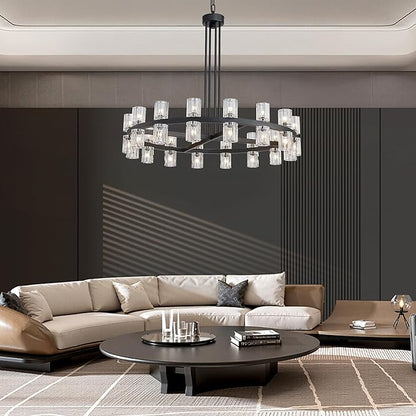 36" Black Wagon Wheel Crystal Chandelier for Dining Room Over Table, Modern Round K9 Crystal Ceiling Chandelier Pendant Light Ideal for Living Room Entryway Foyer
