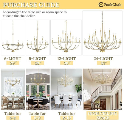 Large Gold Chandelier, 12 Light Foyer Chandelier High Ceiling 36inch Modern Brass Living Room Light Fixture Metal Candle Chandelier for Kitchen Entryway Living Room Bedroom