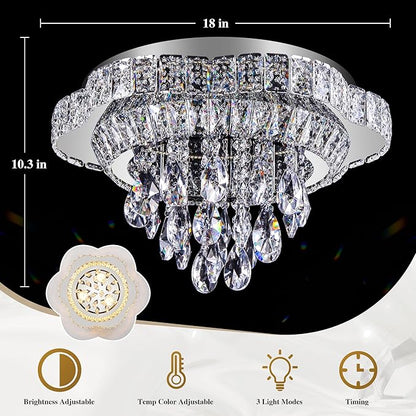 18" Sliver Crystal LED Ceiling Light with Remote Control,Flush Mount Chandelier with 3-Color Dimmable for Living Room Bedroom Dining Room Hallway - Modern Flower Design