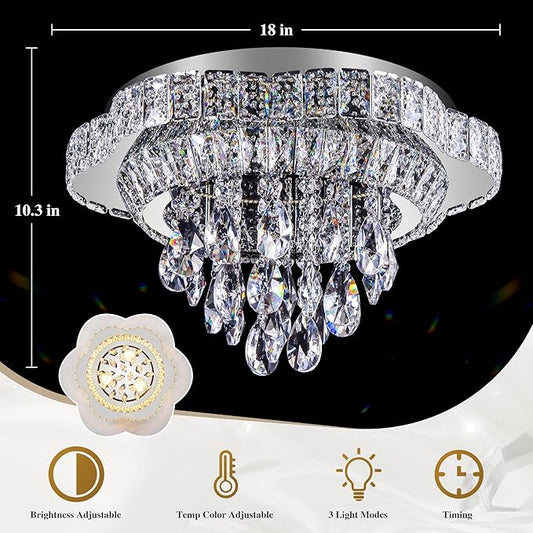18" Sliver Crystal LED Ceiling Light with Remote Control,Flush Mount Chandelier with 3-Color Dimmable for Living Room Bedroom Dining Room Hallway - Modern Flower Design