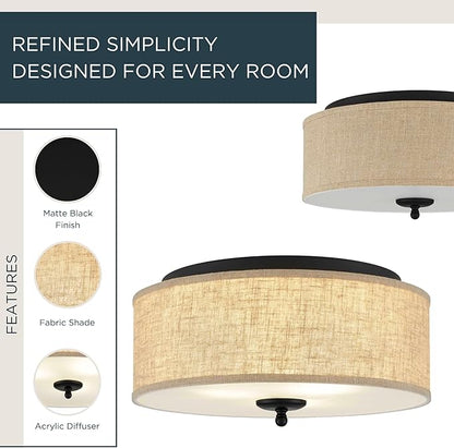 Quoizel Blanche 16" Flush Mount Ceiling Light with Premium Fabric Shade, Matte Black, ETL Damp Rated for Kitchen or Bath