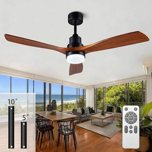 52-inch Ceiling Fan with Remote Control (Illuminated) 3-Blade Carved Wooden Fan Blades Quiet Reversible All-Copper Motor Ideal for Living Rooms, Bedrooms, and Courtyards Black/Walnut Finish