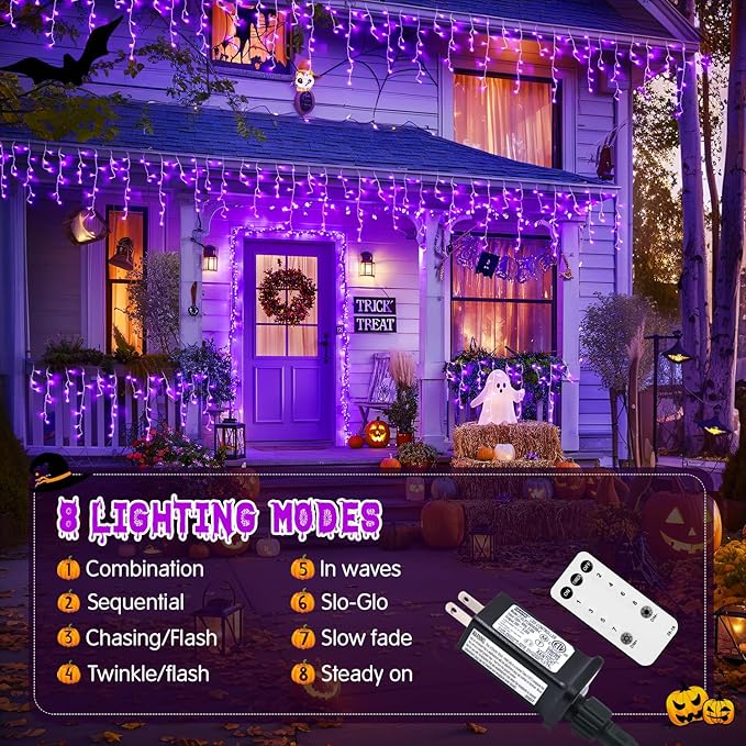 JMEXSUSS Purple Christmas Lights Outdoor, 800 LED Purple Icicle Lights Outdoor Waterproof, 8 Modes String Light Plug in for Fireplace Tree Garden Patio Halloween Decor