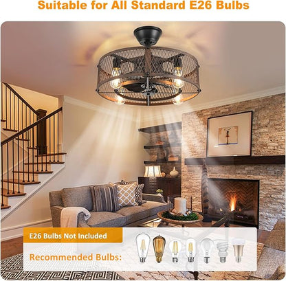 Depuley Outdoor Ceiling Fan with Light: 20" Caged Ceiling Fans with Remote Control for Patio Kitchen Bedroom - Farmhouse Fandelier Flush Mount Lights Fixture Reversible 6 Speed Timer Walnut