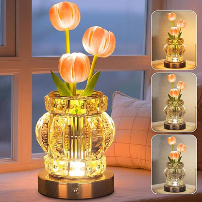 Tulip Table Lamp, Rechargeable Cordless Touch Dimming Artificial Tulip Flower Desk Lamp, LED Crystal Lamp Flower Bedside Night Light, Romantic Gifts for Girl Women Mom (Pink - Tulip)