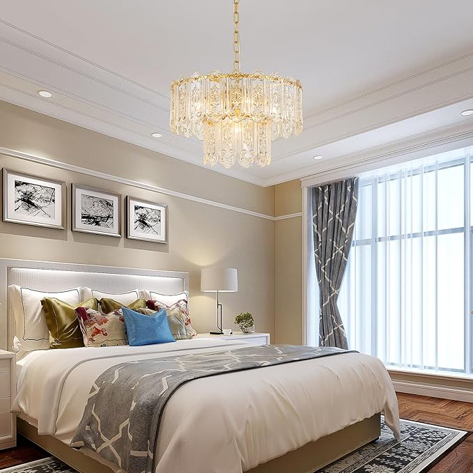 5-Lights Luxury Glass Chandeliers, Mid-Century Modern Chandeliers for Dining Room, D18.5'' × H18.9'', Adjustable Height (18.9"~51.2"), Gold Finish Frame & Double Figured Glass Shade