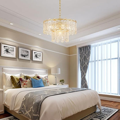 5-Lights Luxury Glass Chandeliers, Mid-Century Modern Chandeliers for Dining Room, D18.5'' × H18.9'', Adjustable Height (18.9"~51.2"), Gold Finish Frame & Double Figured Glass Shade