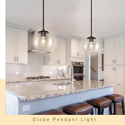 Bagood 10" Globe Pendant Light Black 2 Pack Mid Century Pendant Light Globe Pendant Lights Kitchen Island Matte Black Finished with Clear Glass Adjustable Ceiling Light Fixtures for Dining Room Bar