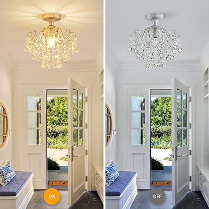 WUZUPS Crystal Chandelier Flushmount Ceiling Light Modern Lighting Fixture for Bedroom Hallway Bar Kitchen Bathroom, H 13.4" x W 12.6", E26 Base, Silver