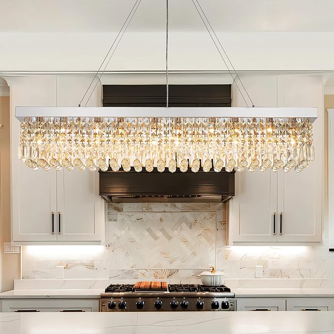 Modern Silver Rectangular Crystal Chandelier,10-Light Modern Chandelier,K9 Crystal Rectangle Chandelier,Farmhouse Pendant Light Fixture for Kitchen Island Bar Bedroom L47 x W10 x H10