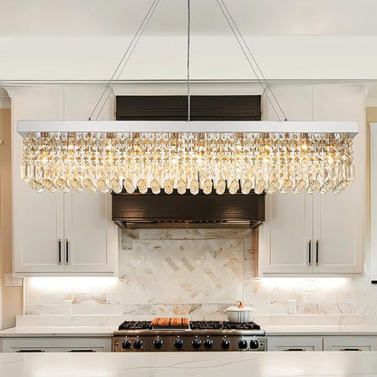 Modern Silver Rectangular Crystal Chandelier,10-Light Modern Chandelier,K9 Crystal Rectangle Chandelier,Farmhouse Pendant Light Fixture for Kitchen Island Bar Bedroom L47 x W10 x H10