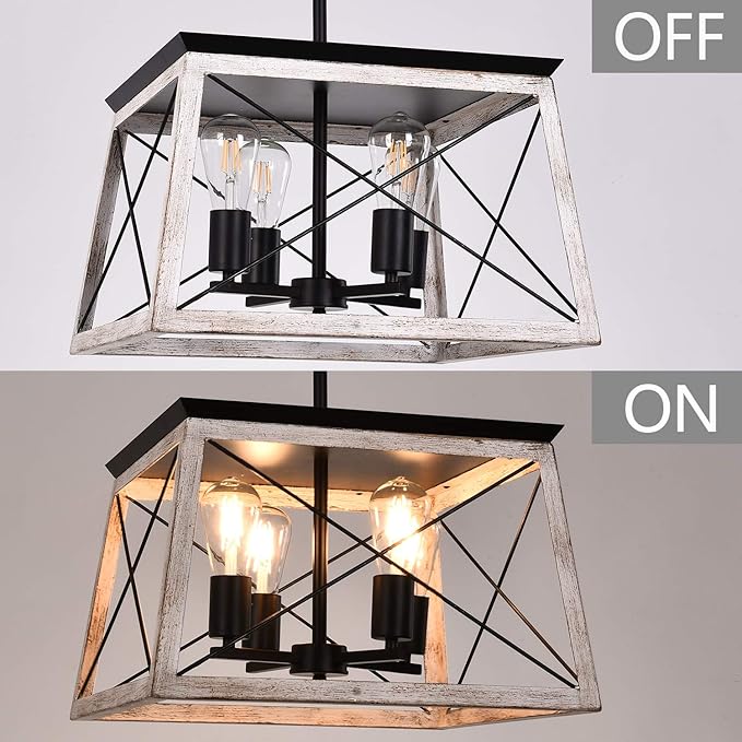 Luupyia 17.72Inches Farmhouse Pendant Light, Height Adjustable, White Rectangular Rustic Chandeliers Farmhouse Light Fixture Vintage Island Lighting for Dining Room Entryway Living Room 4-Lights E26