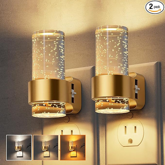 L LOHAS LED Night Lights Plug into Wall, 2 Pack Mini Dimmable Night Light with Dusk-to-Dawn, Soft White/Cool White/Amber 3 Light Color, 0-100LM Adjustable Brightness, Bubble Nightlight for Hallway