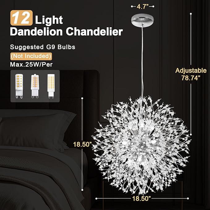Modern Firework Chrome Crystal Chandeliers, Sputnik Dandelion Chandelier Light Fixture Pendant Lighting for Dining Room, Living Room, Bedroom, Kitchen, Restaurant- 12 Lights