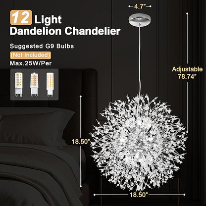 Modern Firework Chrome Crystal Chandeliers, Sputnik Dandelion Chandelier Light Fixture Pendant Lighting for Dining Room, Living Room, Bedroom, Kitchen, Restaurant- 12 Lights