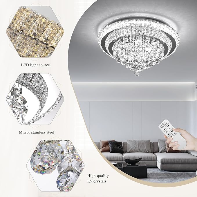 COCOSTAR 24" Crystal Chandeliers, Flush Mount Chandelier LED Ceiling Light, Modern Crystal Raindrop Chandeliers for Dining Room, Living Room, Bedroom