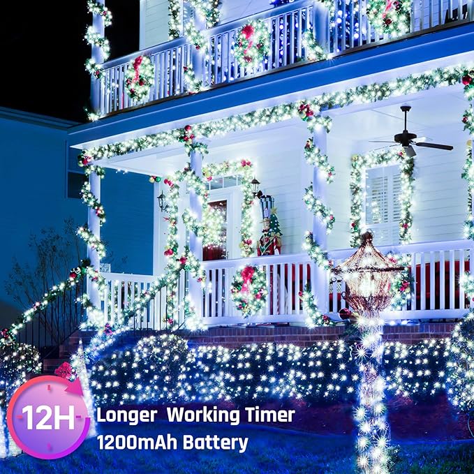 New Upgraded Solar Christmas String Lights Outdoor Waterproof 2 Pack Total 144ft 400 Led Solar & USB Rechargeable 19 Mode Solar Power Fairy Lights for Outside Yard Patio Garden Party Xmas Decor, White