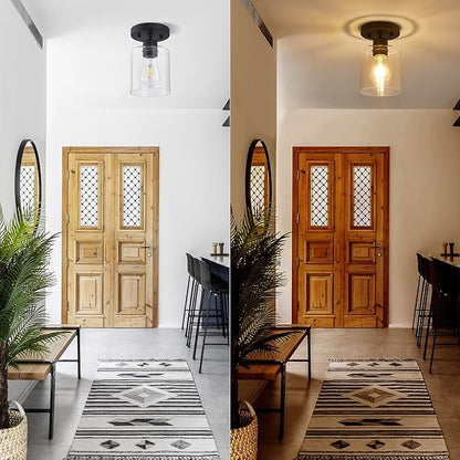 Black 1-Light Semi Flush Mount Ceiling Light, Rustic Kitchen Lighting Fixtures Ceiling, Classic Ceiling Light Fixtures, Cieling Light with Glass Shade for Hallway Foyer Farmhouse Bedroom 3 Pack
