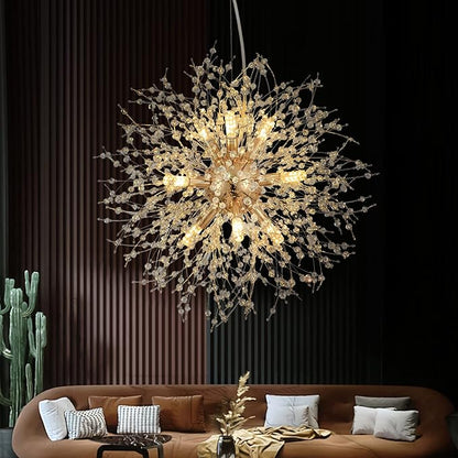 CM MZY Modern Crystal Chandeliers Firework, 9-Light Gold Dandelion Sputnik Ceiling Light Fixtures, Sputnik Chandelier Pendant Light for Bedroom Living Room Dining Room Kitchen Island Hallway